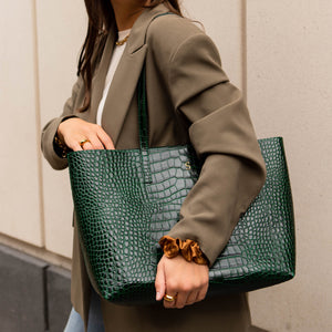 Stockholm Leather Tote Bag  Bottle Green Croc – Azurina