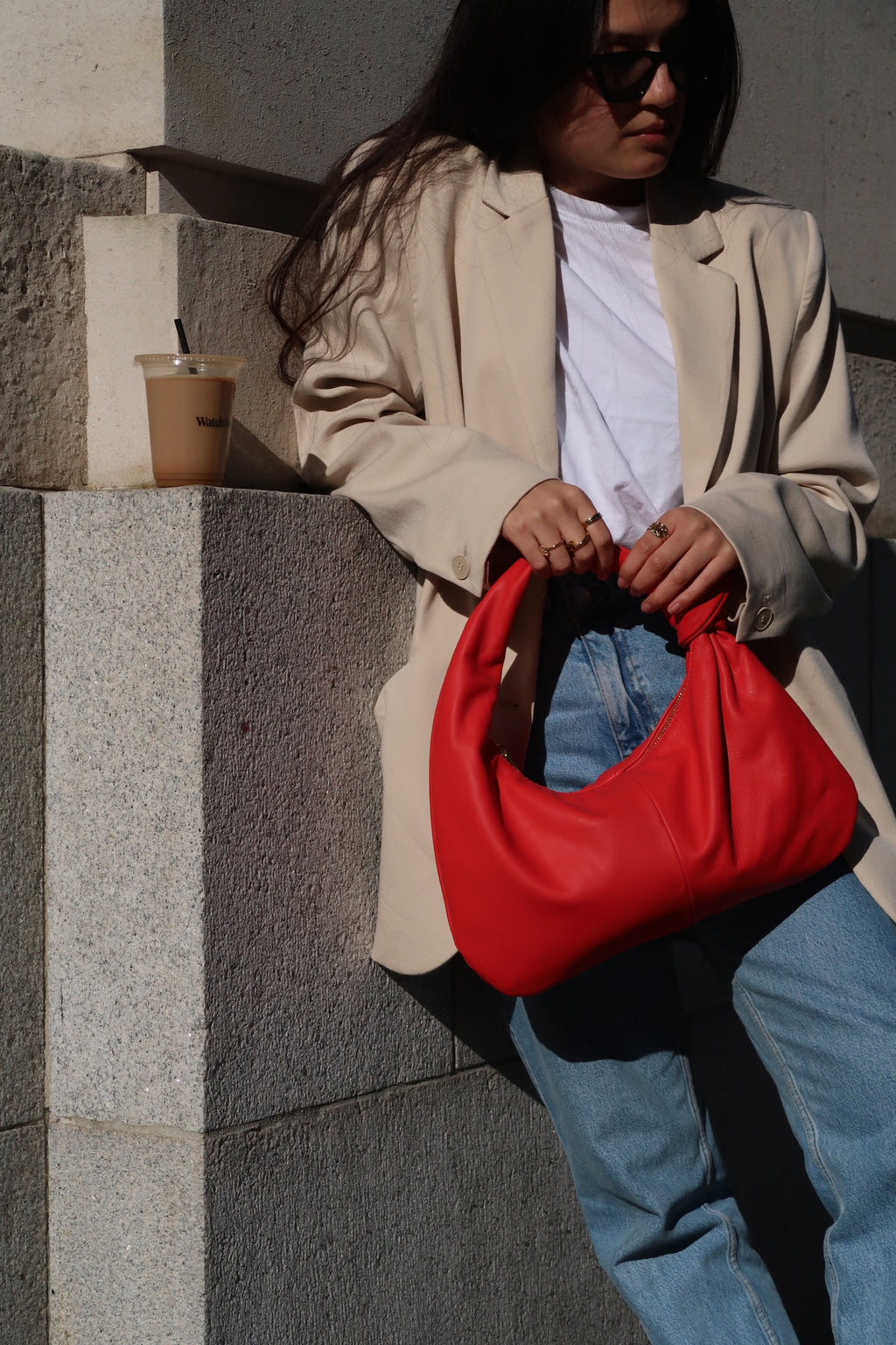'Pompeii' Red Smooth Leather Slouch Shoulder Bag