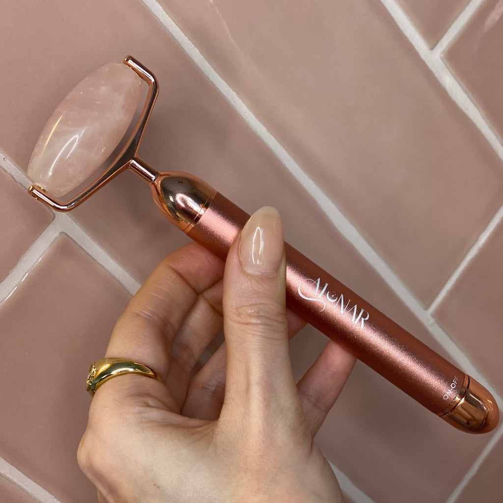 Vibrating Rose Quartz Crystal Facial Massage Roller - Rose Gold Edition
